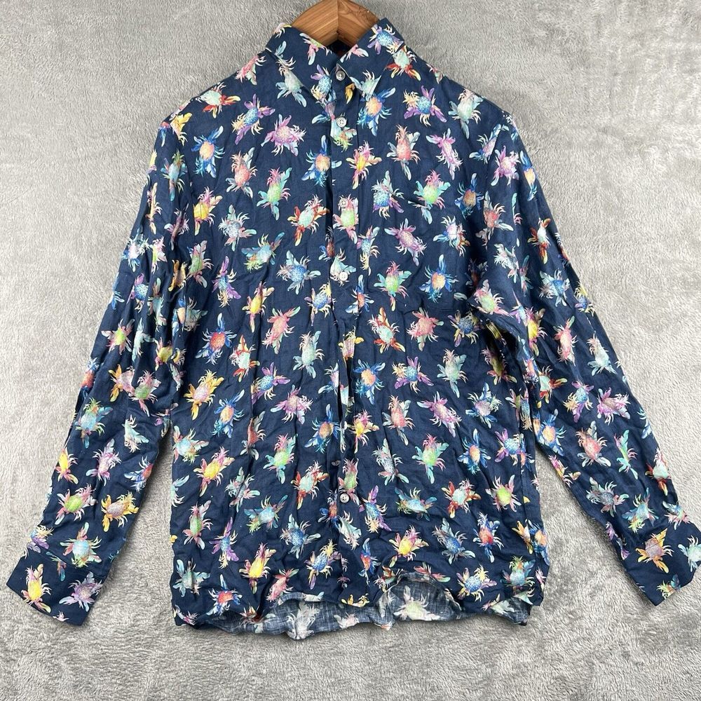 Michael's 100% Linen Pineapple Print Shirt Men's Medium Navy Blue Lightweight‎